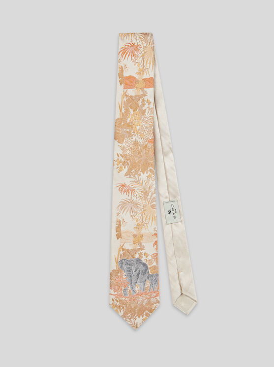 Etro Silk Tie With Embroidered Botanical Pattern And Elephant Motif In Gold