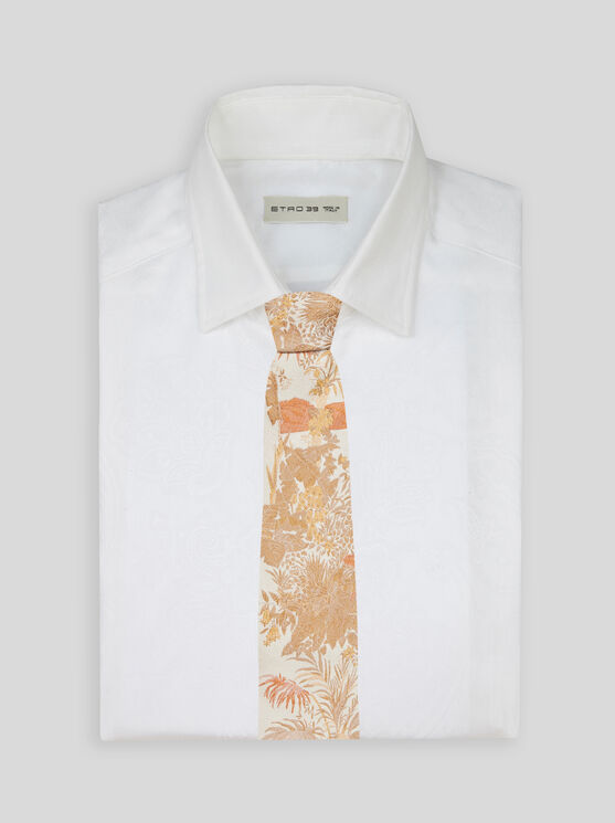 Etro Silk Tie With Embroidered Botanical Pattern And Elephant Motif In Gelb