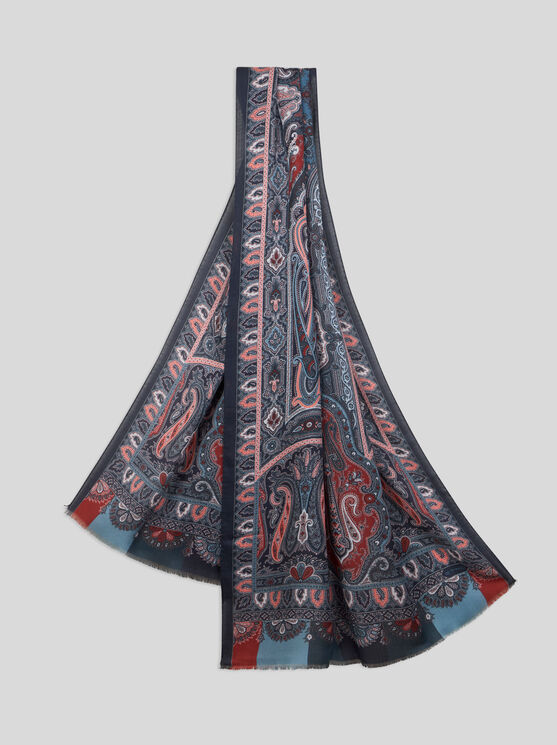 Etro , Printed Cashmere And Silk Scarf, Man, Blue In Blue