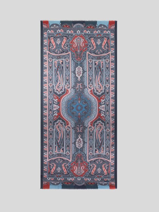 Etro , Printed Cashmere And Silk Scarf, Man, Blue In Blue