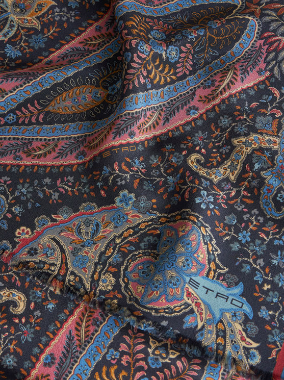 Shop Etro Multicoloured Paisley Silk Scarf In Navy Blue