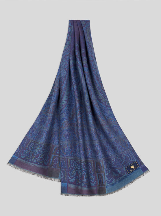 Etro Wool And Silk Jacquard Scarf In Blue