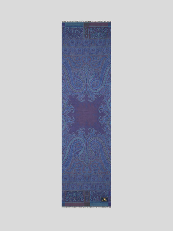 Etro Wool And Silk Jacquard Scarf In Blue