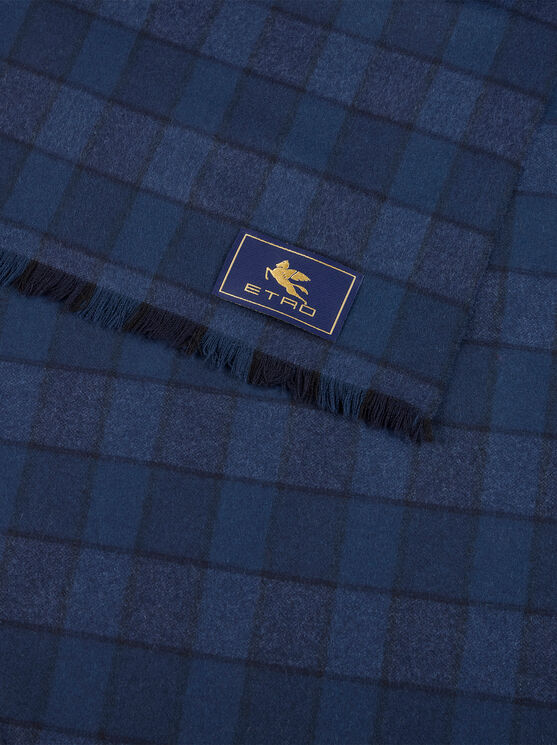 Etro , Wool And Cashmere Scarf With Check Motif, Man, Blue In Blue