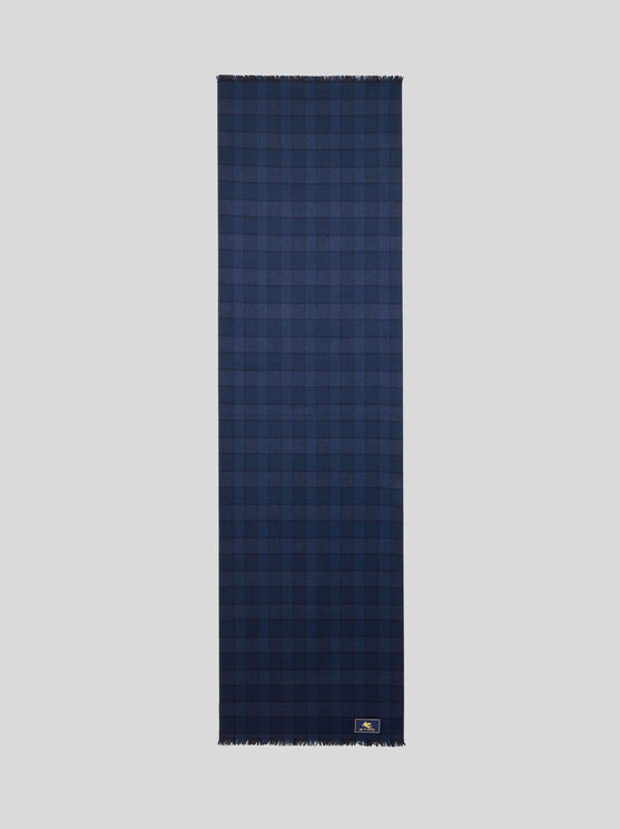 Etro , Wool And Cashmere Scarf With Check Motif, Man, Blue In Blue