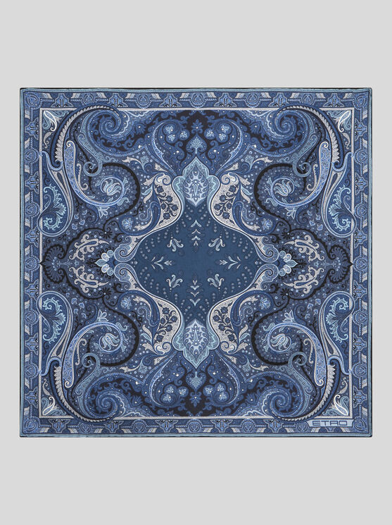 Shop Etro Printed Silk Pocket Square In Navy Blue