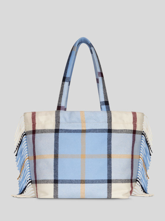 Etro Large Check Jacquard Soft Trotter Tote Bag With Fringing In Light Blue