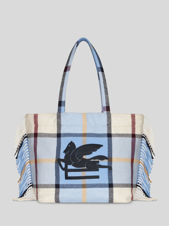 Etro Large Check Jacquard Soft Trotter Tote Bag With Fringing In Light Blue