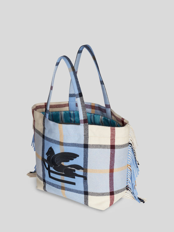 Etro Large Check Jacquard Soft Trotter Tote Bag With Fringing In Light Blue
