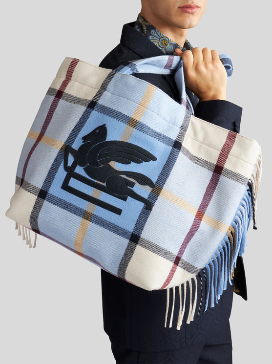 Etro Large Check Jacquard Soft Trotter Tote Bag With Fringing In Light Blue