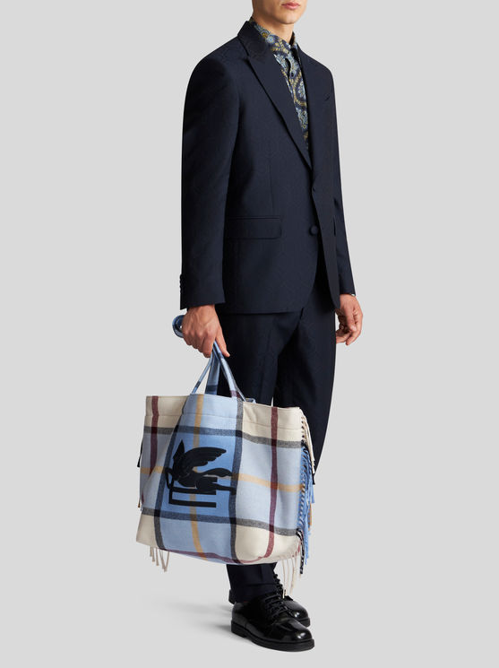 Etro Large Check Jacquard Soft Trotter Tote Bag With Fringing In Light Blue