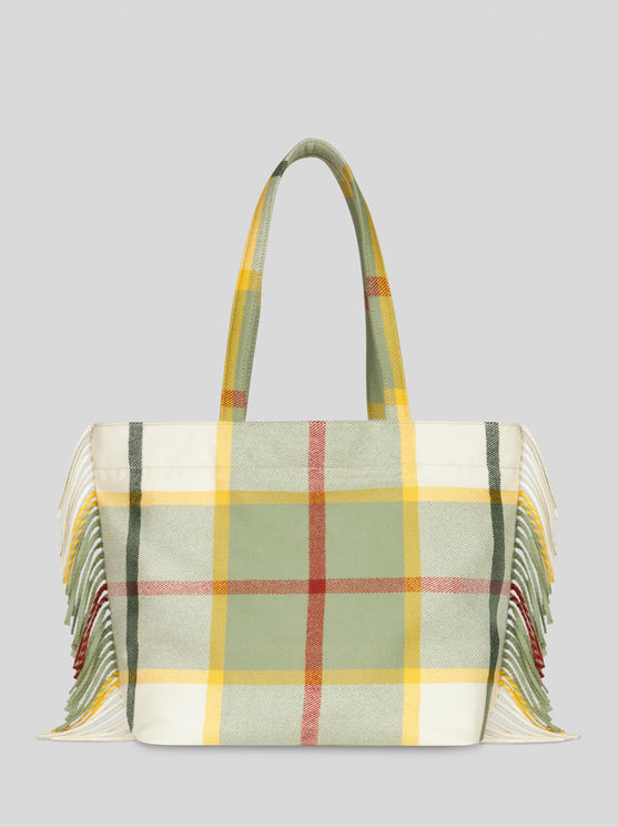 Etro Large Check Jacquard Soft Trotter Tote Bag With Fringing In White