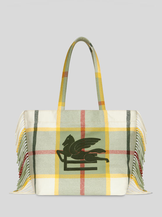 Etro Large Check Jacquard Soft Trotter Tote Bag With Fringing In White