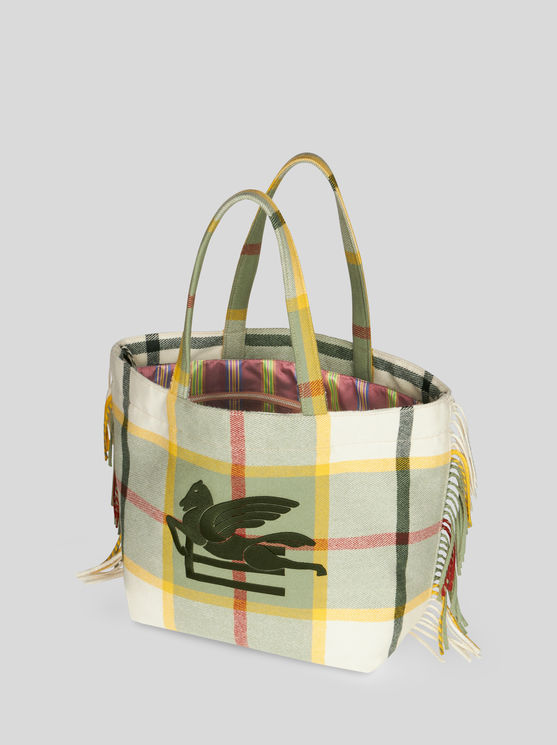 Etro Large Check Jacquard Soft Trotter Tote Bag With Fringing In White