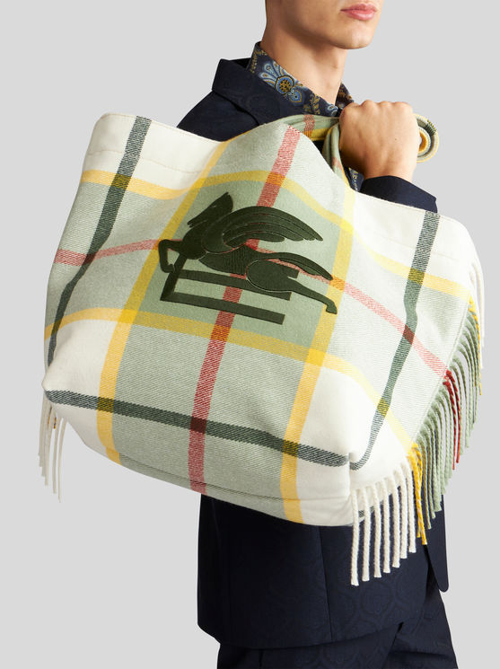 Etro Large Check Jacquard Soft Trotter Tote Bag With Fringing In White