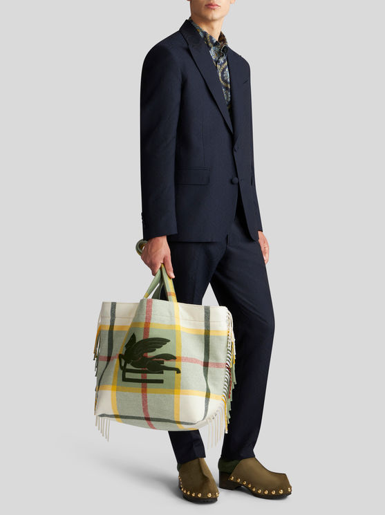 Etro Large Check Jacquard Soft Trotter Tote Bag With Fringing In White