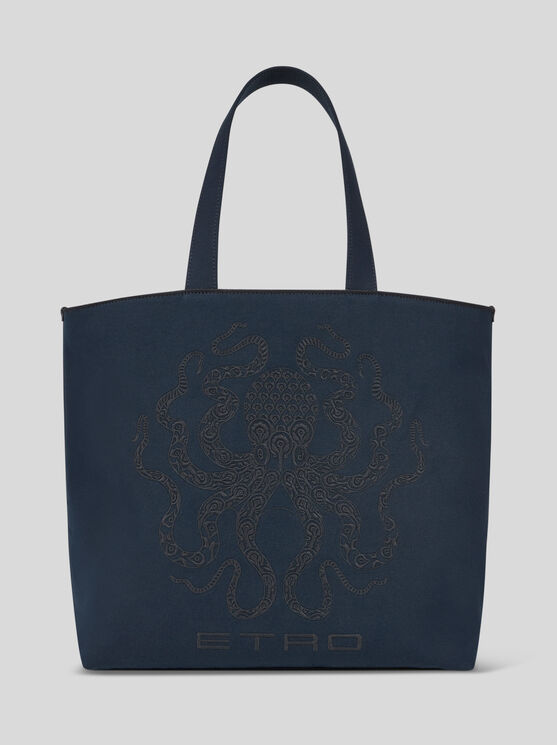Etro , Maxi Tote Bag With Octopus Embroidery, Man, Navy Blue In Navyblau