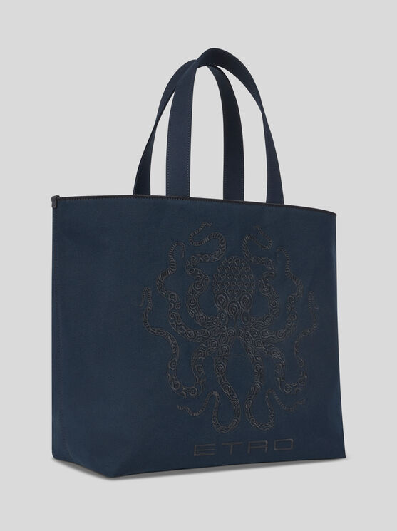 Etro , Maxi Tote Bag With Octopus Embroidery, Man, Navy Blue In Navyblau