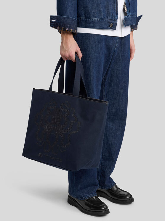 Etro , Maxi Tote Bag With Octopus Embroidery, Man, Navy Blue In Navyblau