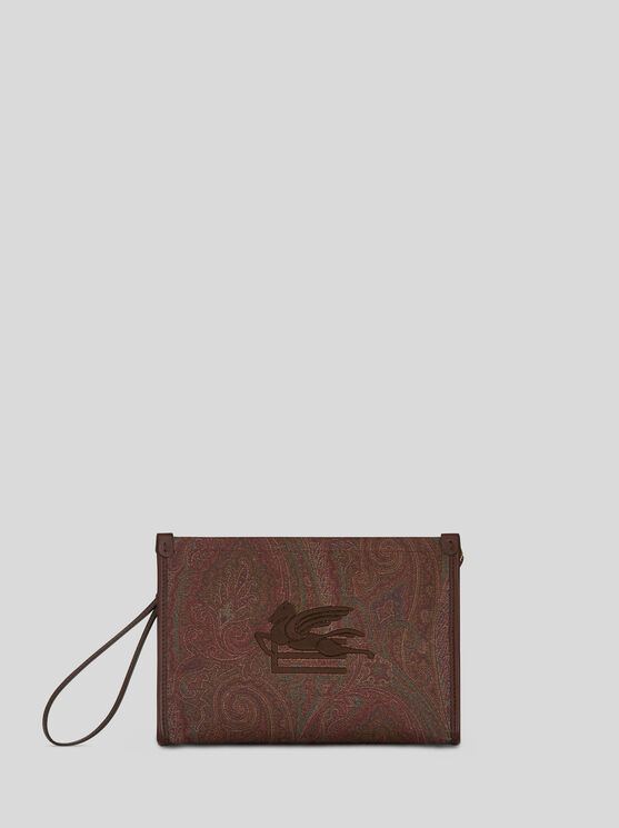 Etro Large Paisley Pouch With Pegaso Detail In Brown