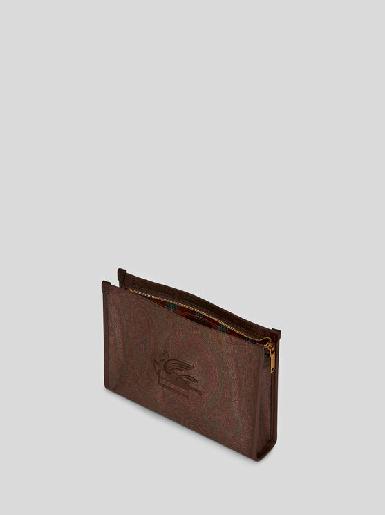 Etro Large Paisley Pouch With Pegaso Detail In Brown