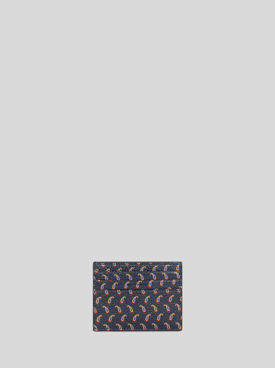 Shop Etro Micro Paisley Leather Card Holder With Pegaso In Navy Blue