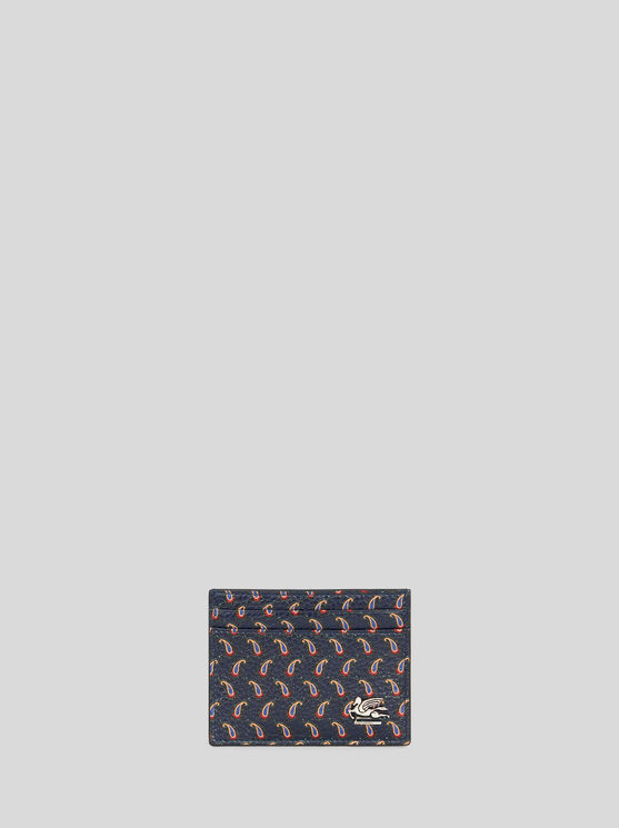 Shop Etro Micro Paisley Leather Card Holder With Pegaso In Navy Blue