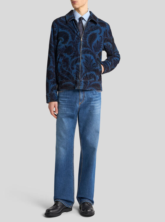 Etro Velvet Bomber Jacket With Print In Blue