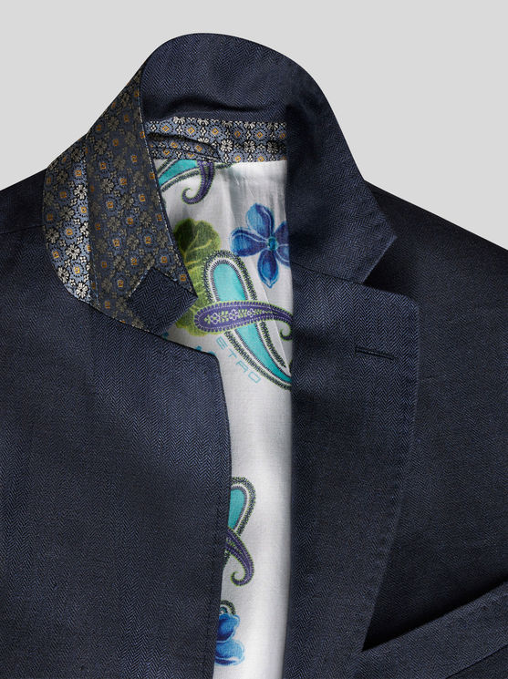 Shop Etro Linen Blazer In Navy Blue