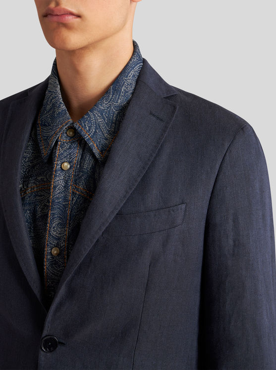 Shop Etro Linen Blazer In Navy Blue