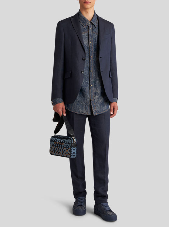 Shop Etro Linen Blazer In Navy Blue