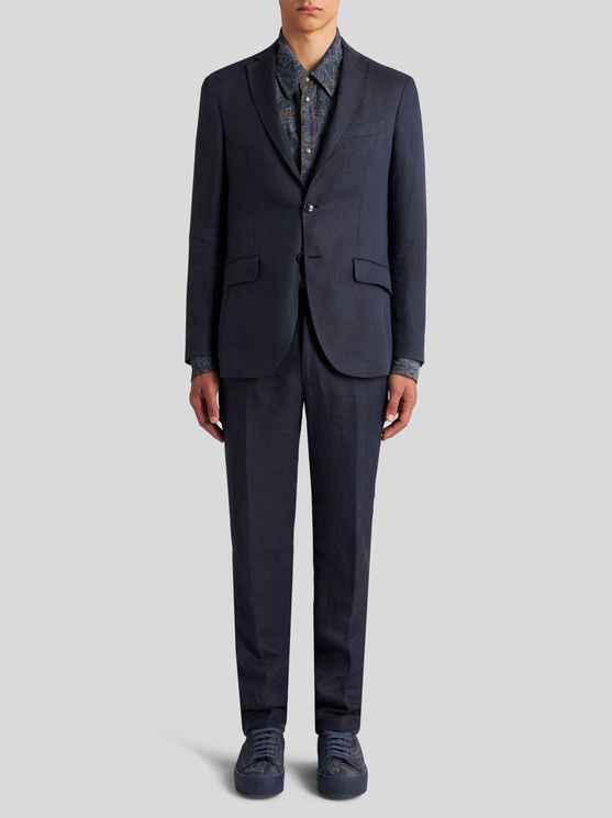 Shop Etro Linen Blazer In Navy Blue