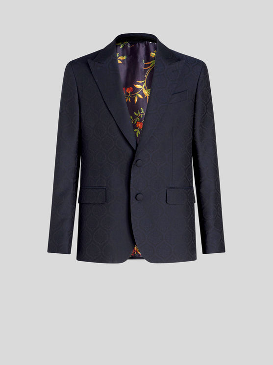 Shop Etro Wool And Cotton Jacquard Jacket In Navy Blue