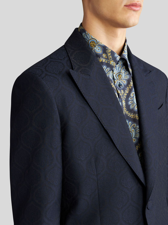 Shop Etro Wool And Cotton Jacquard Jacket In Navy Blue