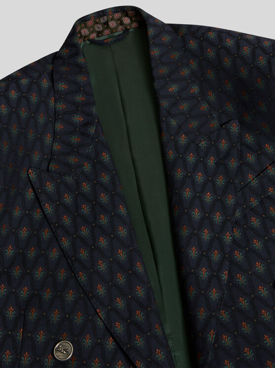 Shop Etro Wool And Cotton Jacquard Blazer In Navy Blue