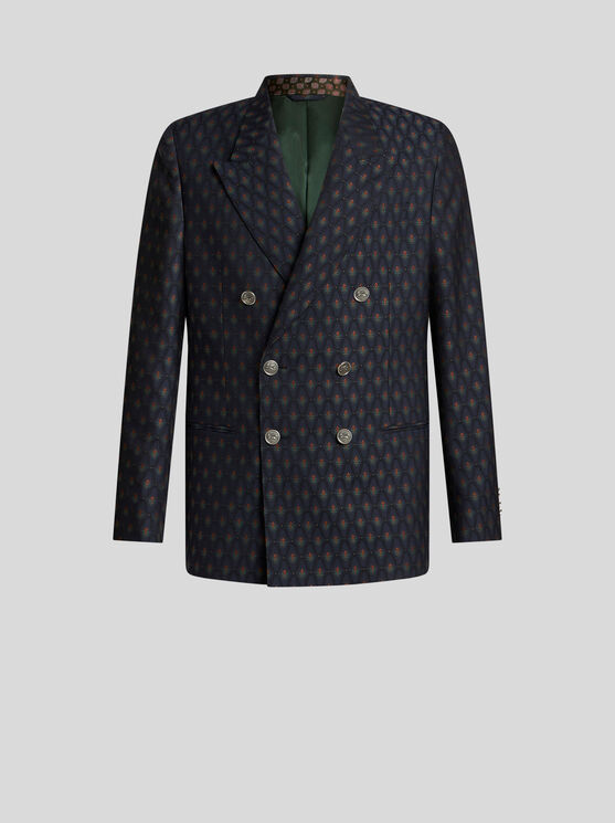 Shop Etro Wool And Cotton Jacquard Blazer In Navy Blue