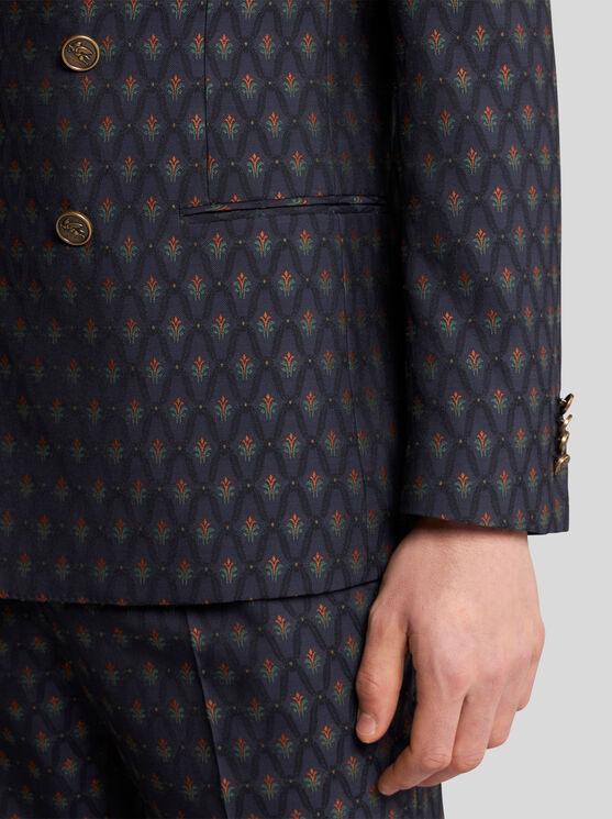 Shop Etro Wool And Cotton Jacquard Blazer In Navy Blue