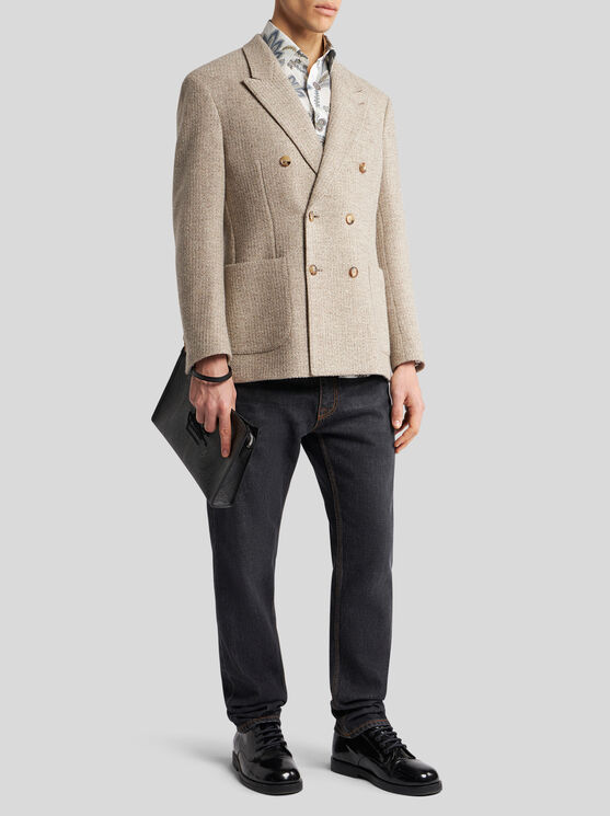 Shop Etro Double-breasted Blazer With Pegaso Buttons In Beige