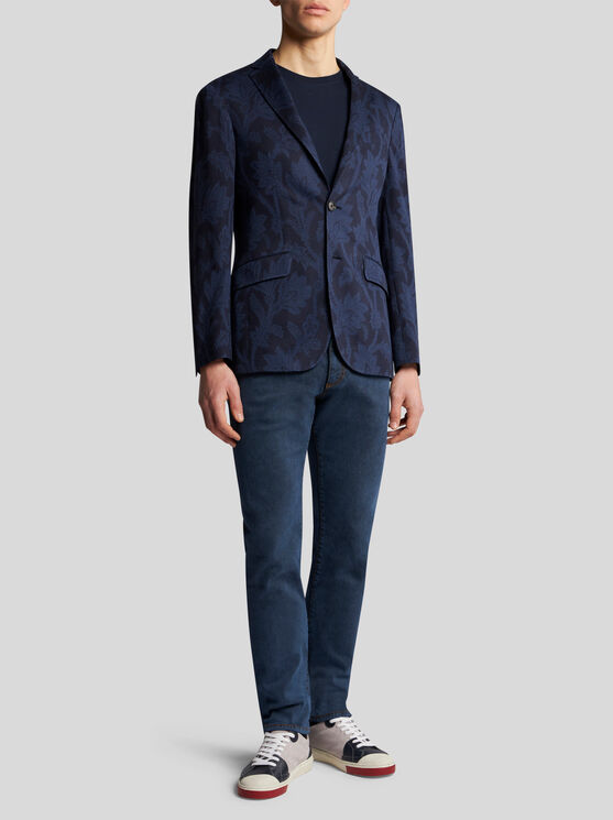 Shop Etro Floral Leafy Jacquard Blazer In Navy Blue