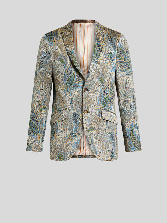 Etro , Foliage-design Cotton-blend Blazer, Man, Light Blue, Size 58 In Light Blue