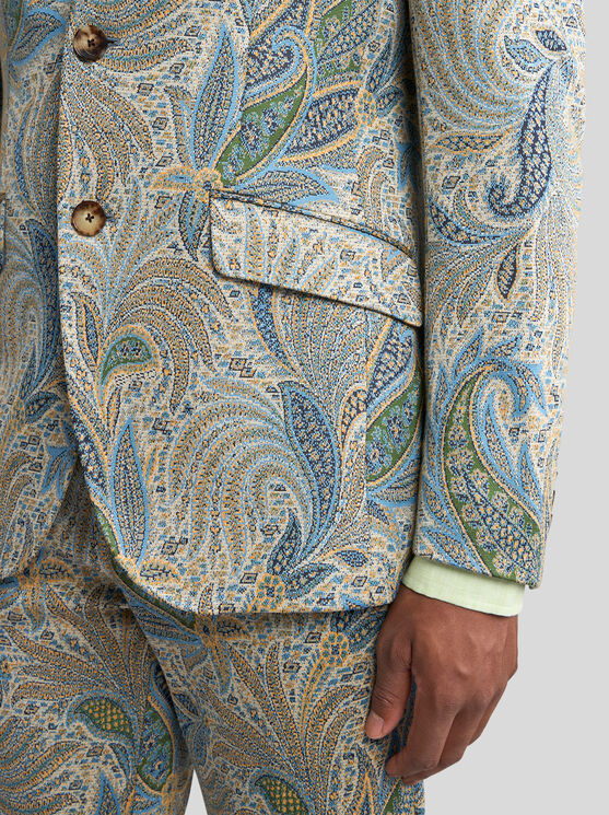 Etro , Foliage-design Cotton-blend Blazer, Man, Light Blue, Size 58 In Light Blue