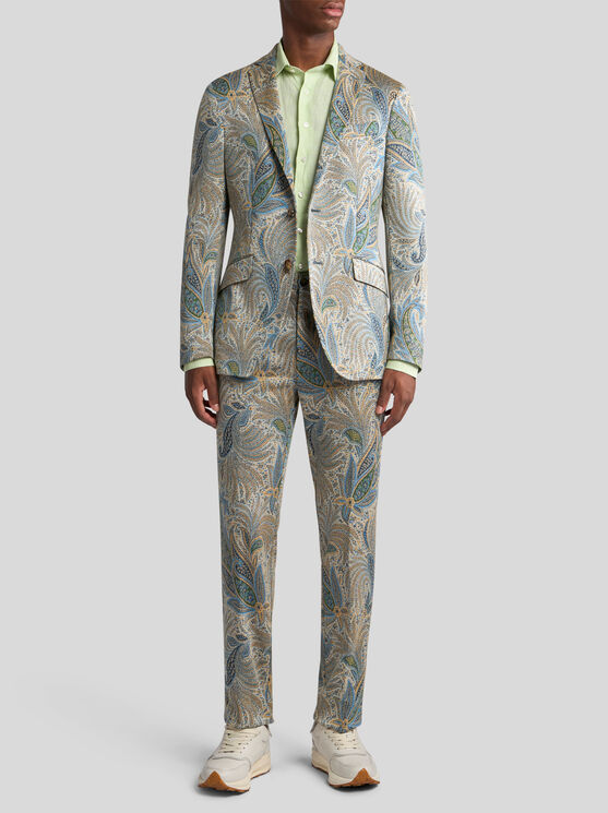 Etro , Foliage-design Cotton-blend Blazer, Man, Light Blue, Size 58 In Light Blue