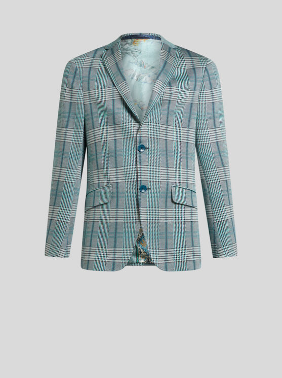 Etro Glencheck-blazer Aus Jersey In Hellblau