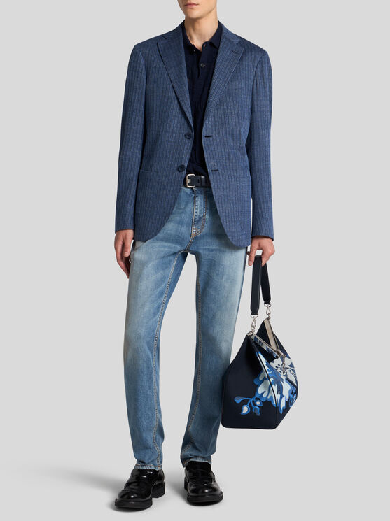 Etro , Linen-blend Jersey Blazer, Man, Light Blue, Size 58 In Light Blue