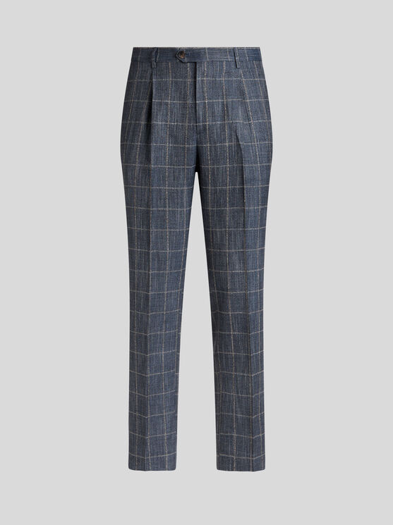 Etro Checked Slub Trousers In Navy Blue