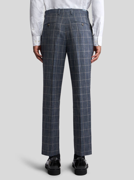 Etro Checked Slub Trousers In Navy Blue