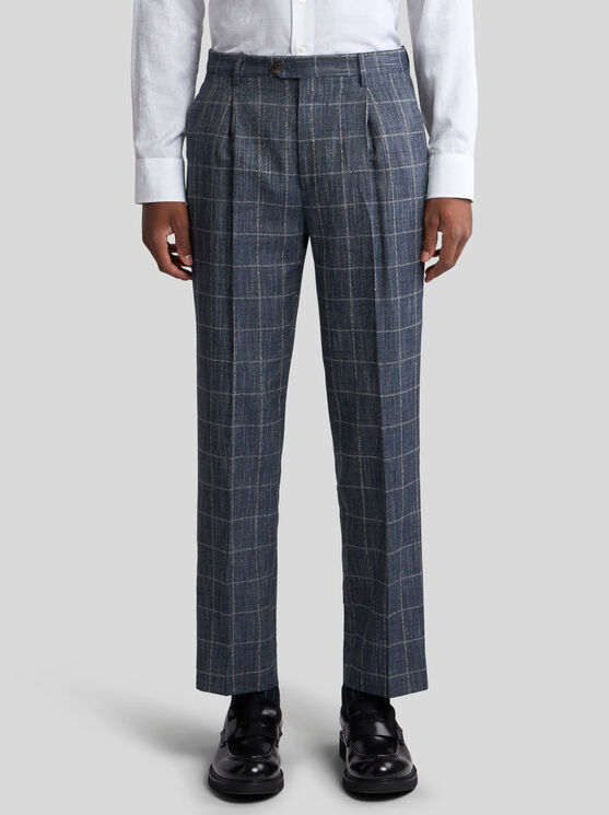 Etro Checked Slub Trousers In Navy Blue