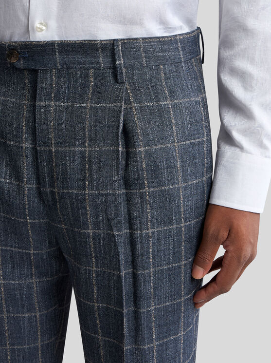 Etro Checked Slub Trousers In Navy Blue