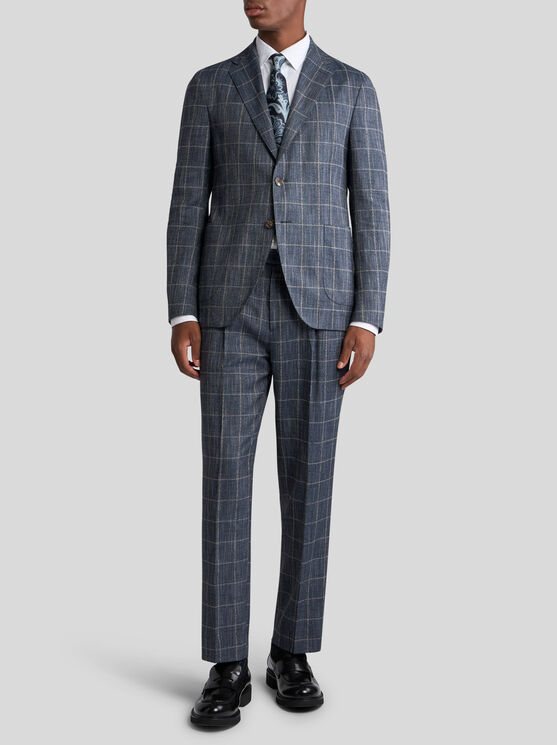 Etro Checked Slub Trousers In Navy Blue