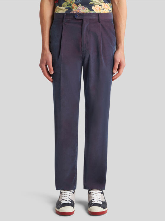 Shop Etro Velvet Trousers With Pleats In Navyblau